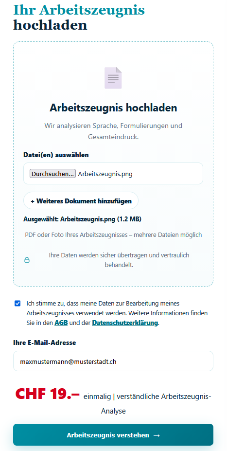 Screenshot: Arbeitszeugnis auf arbeitszeugnis-verstehen.ch hochladen