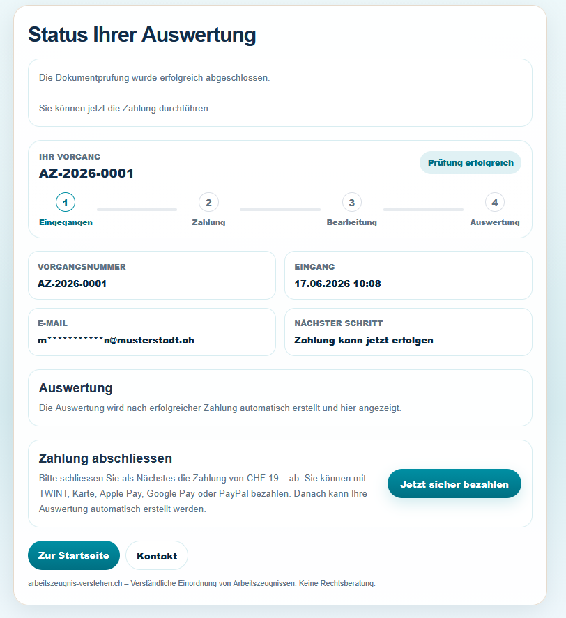 Screenshot: Status der Arbeitszeugnis-Auswertung und Zahlung