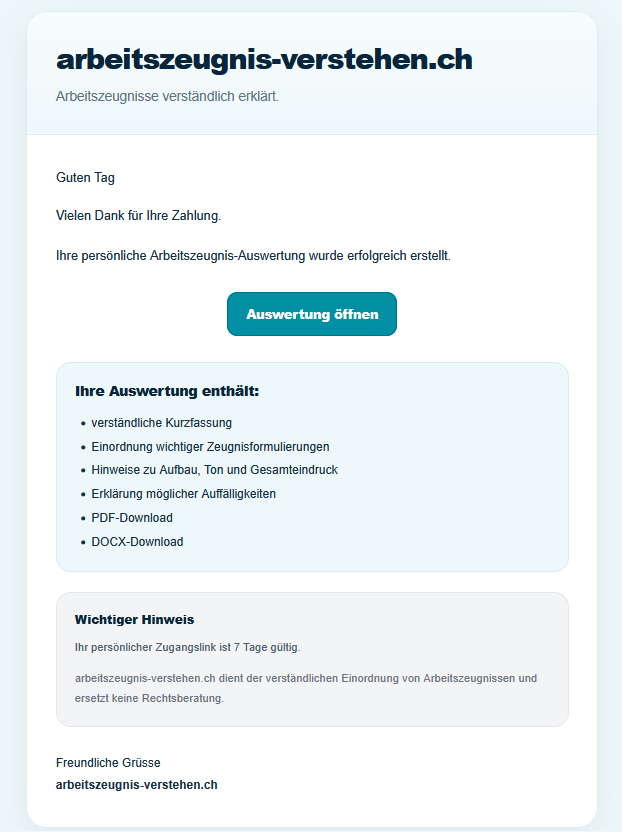 Screenshot: E-Mail mit Zugangslink zur Arbeitszeugnis-Auswertung