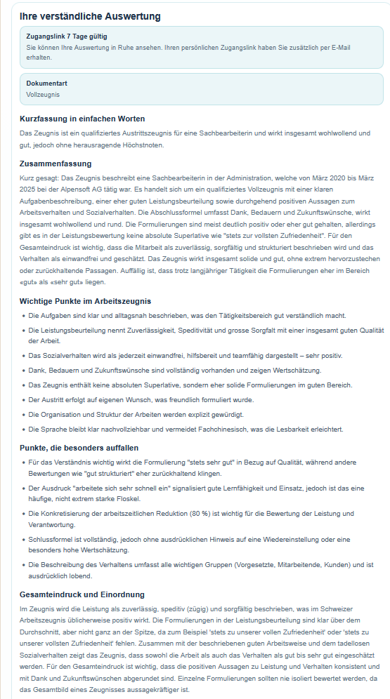 Screenshot: verständliche Auswertung eines Arbeitszeugnisses