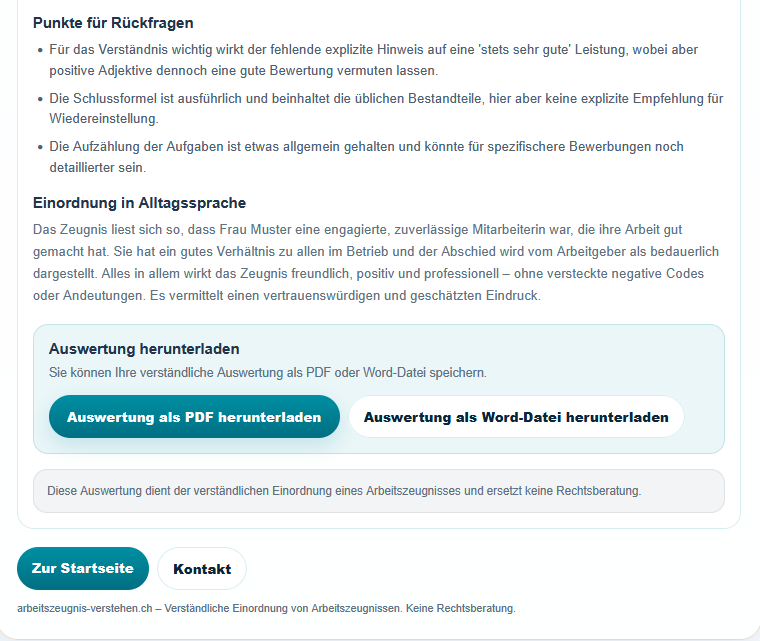 Screenshot: Download der Arbeitszeugnis-Auswertung als PDF oder Word-Datei